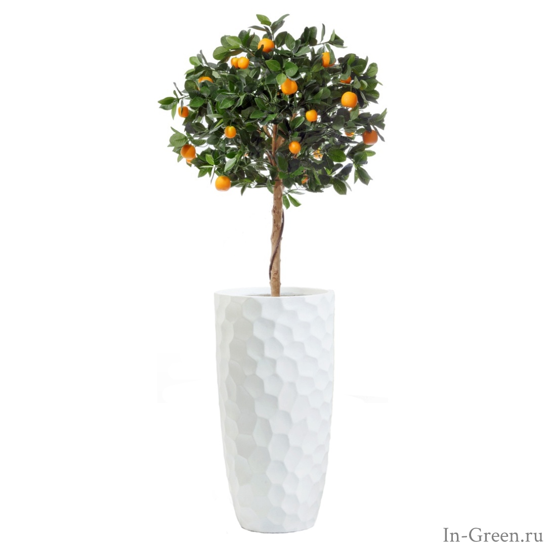 Мандариновое дерево Голден Оранж искусственное с плодами на штамбе в кашпо белый камень | 177 см